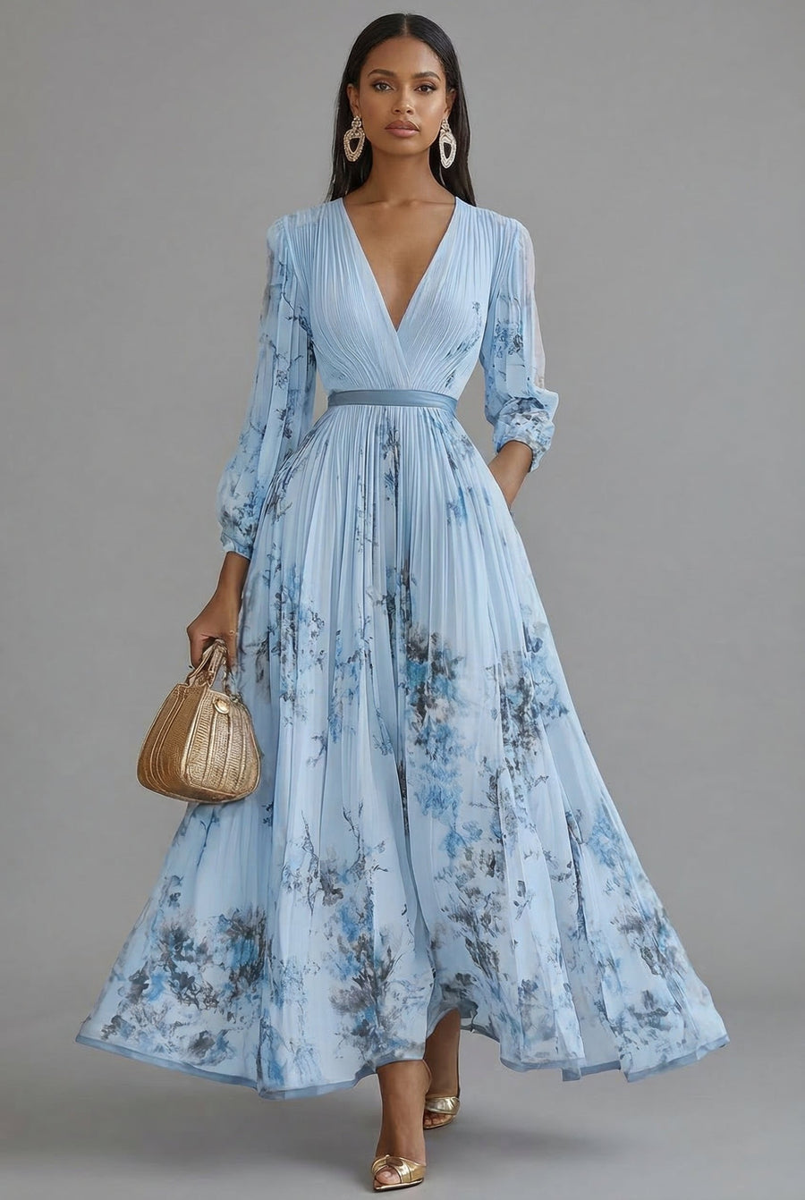 Evelyn | Maxi Dress V-Neck Long Sleeve Pleated Floral Print Blue