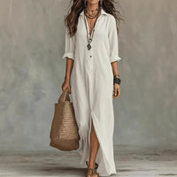 Chloe | Maxi Shirt Dress Three Quarter Sleeves Linen Cotton Loose White
