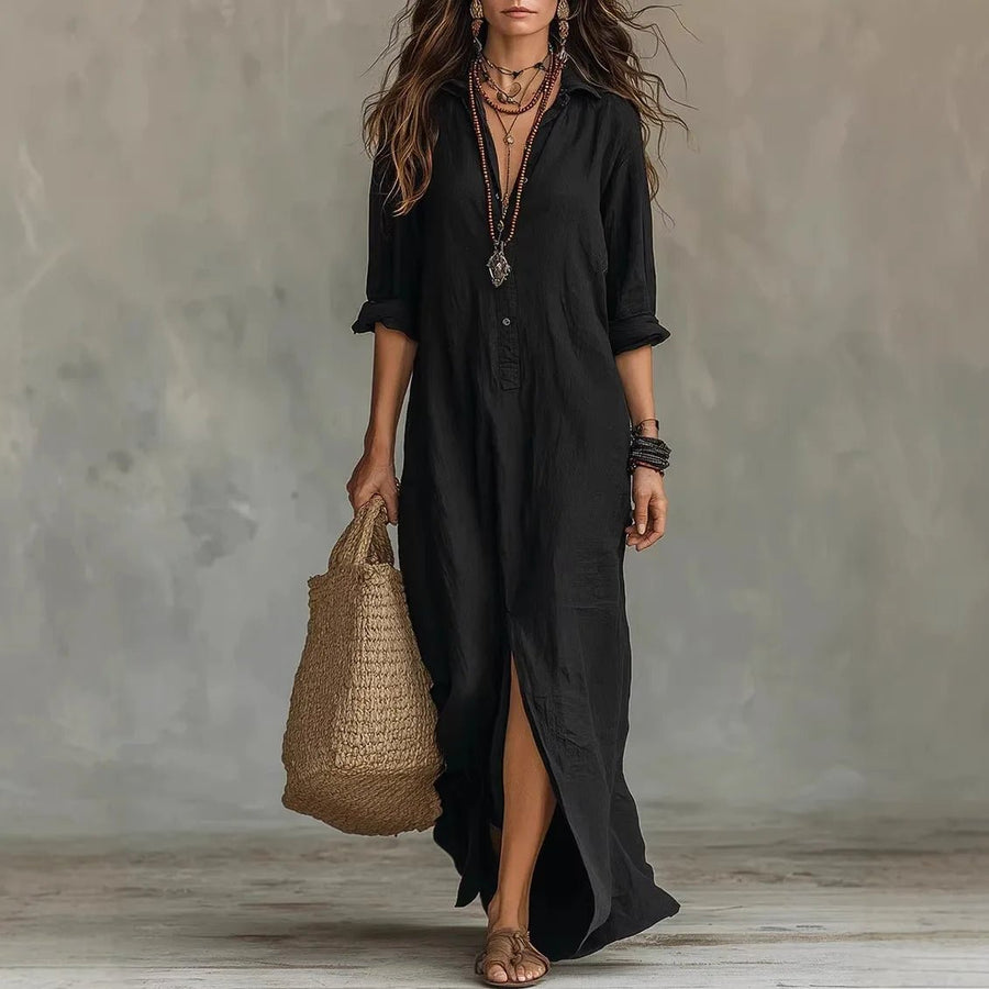 Chloe | Maxi Shirt Dress Three Quarter Sleeves Linen Cotton Loose Black