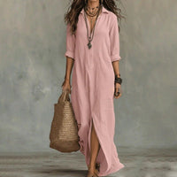 Chloe | Maxi Shirt Dress Three Quarter Sleeves Linen Cotton Loose Pink