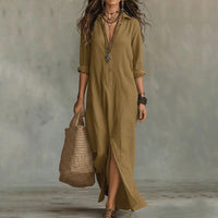 Chloe | Maxi Shirt Dress Three Quarter Sleeves Linen Cotton Loose Khaki