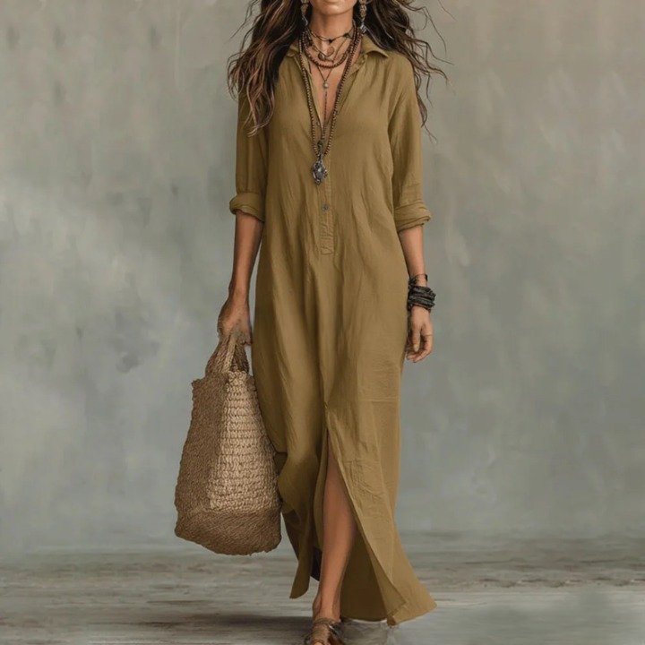 Chloe | Maxi Shirt Dress Three Quarter Sleeves Linen Cotton Loose Khaki