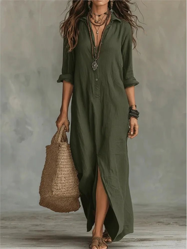 Chloe | Maxi Shirt Dress Three Quarter Sleeves Linen Cotton Loose Army Green