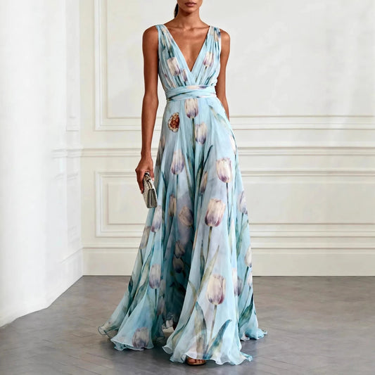 Harper | Maxi Wrap Dress Deep V-Neck Chiffon Sleeveless Floor Length Sky Blue