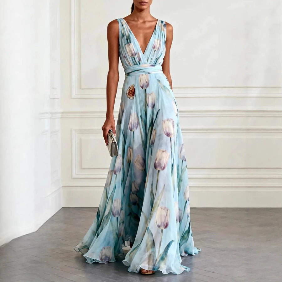 Harper | Maxi Wrap Dress Deep V-Neck Chiffon Sleeveless Floor Length Sky Blue