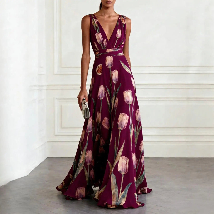Harper | Maxi Wrap Dress Deep V-Neck Chiffon Sleeveless Floor Length Burgundy