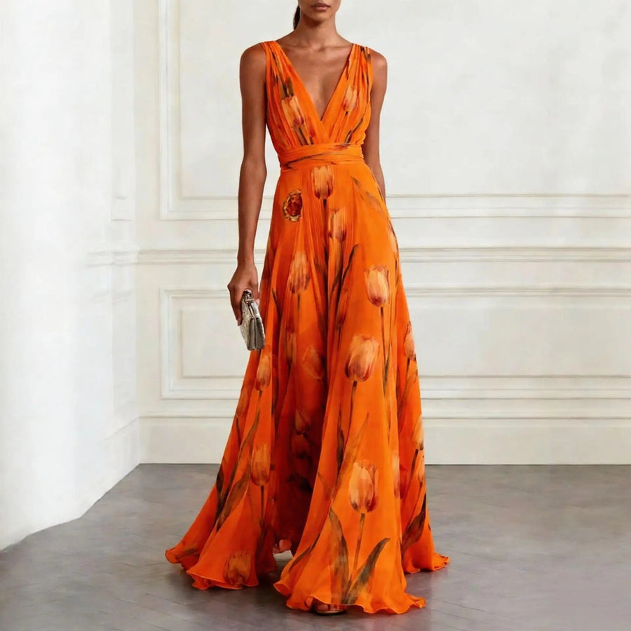 Harper | Maxi Wrap Dress Deep V-Neck Chiffon Sleeveless Floor Length Orange