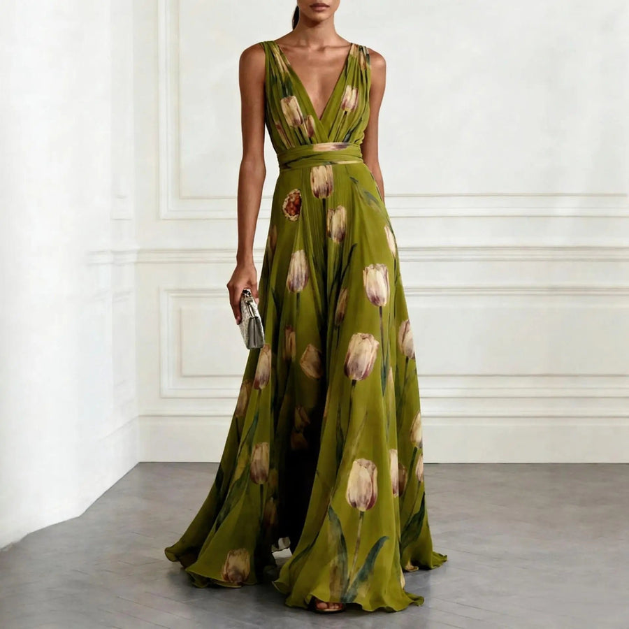 Harper | Maxi Wrap Dress Deep V-Neck Chiffon Sleeveless Floor Length Green