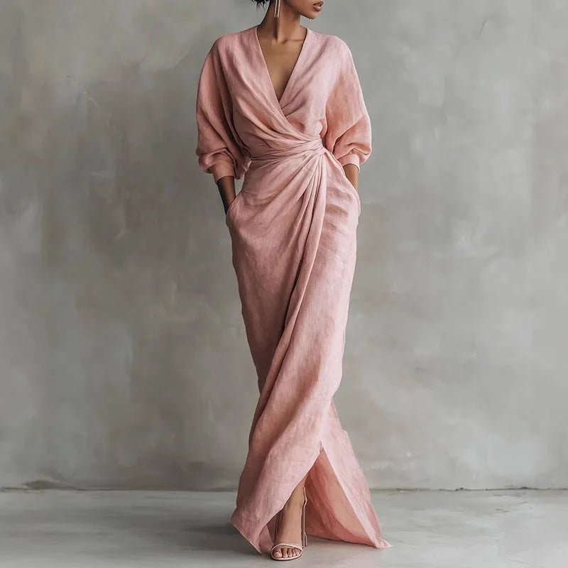 Isabella | Maxi Wrap Dress Deep V-Neck Long Sleeve Bodycon Pink