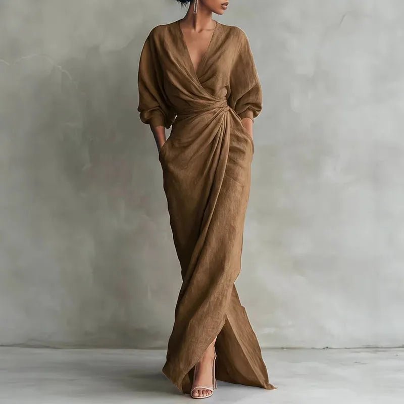 Isabella | Maxi Wrap Dress Deep V-Neck Long Sleeve Bodycon Brown