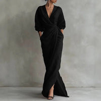 Isabella | Maxi Wrap Dress Deep V-Neck Long Sleeve Bodycon Black