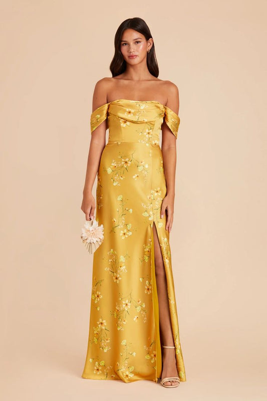 Mia Matte Satin Dress In Dusty Blue Romantic Bouquet