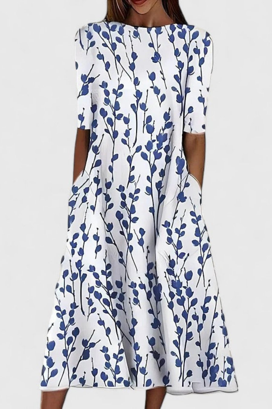 Olivia | Midi Dress Cotton Round Neck Short Sleeve A-Line Pockets White