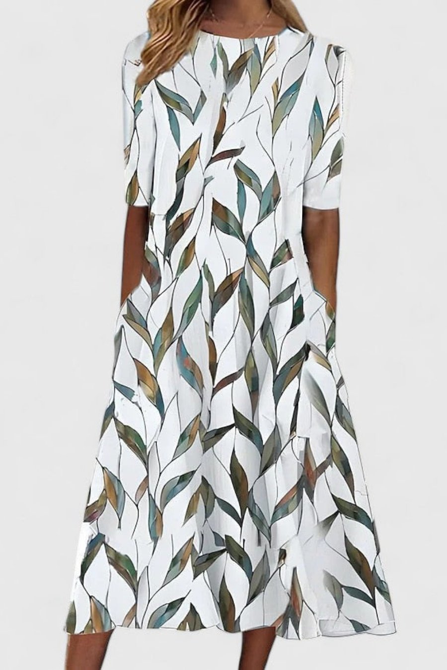 Olivia | Midi Dress Cotton Round Neck Short Sleeve A-Line Pockets White 2