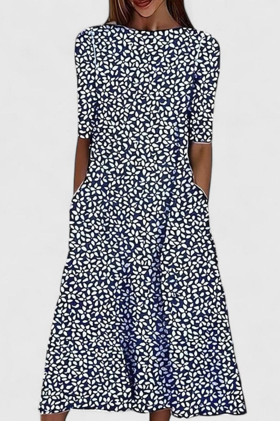 Olivia | Midi Dress Cotton Round Neck Short Sleeve A-Line Pockets Dark Blue