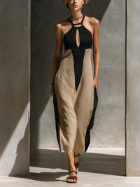 Amelia | Midi Halter Dress Keyhole Cutout Color Block Cotton Blend Black And Beige