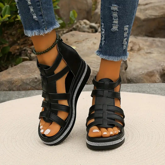 Minervia | Women's Strappy Black Platform Sandals