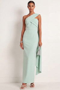 Mint Green One Shoulder Sheath Maxi Formal Dress With Ribbon