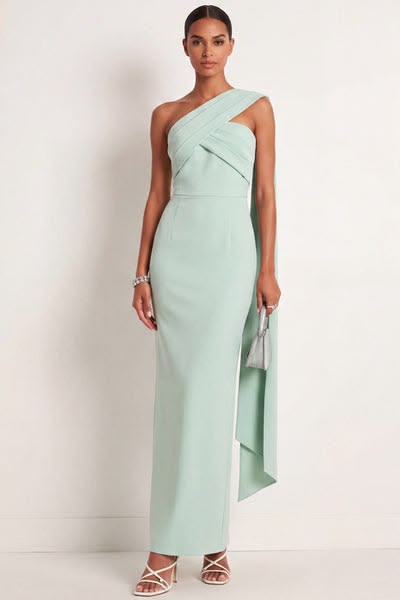 Mint Green One Shoulder Sheath Maxi Formal Dress With Ribbon