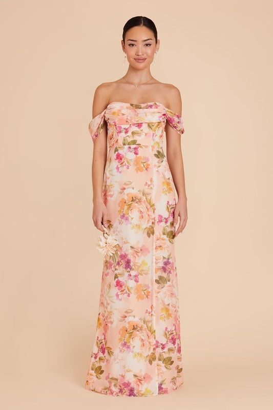 Mira Chiffon Dress Coral Sunset Peonies