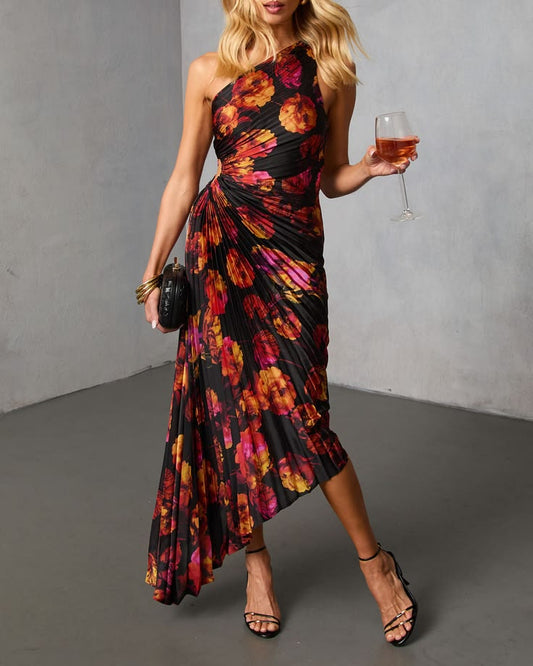Modern Day Glam Printed One Shoulder Asymmetrical Maxi Dress Navy