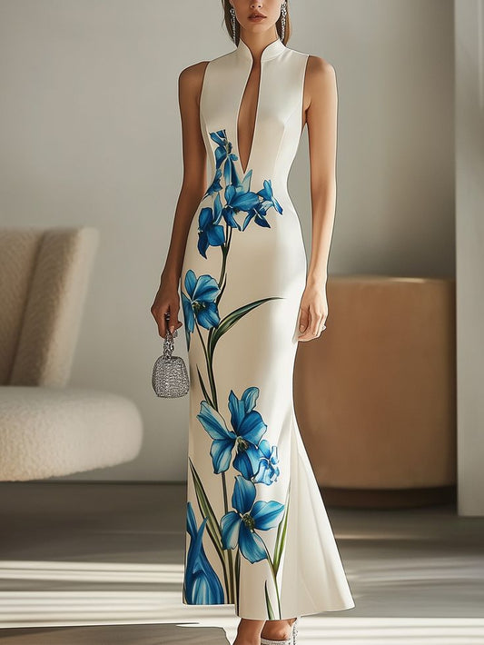 Modern Deep V Neck Satin Dress With Side Floral Print White