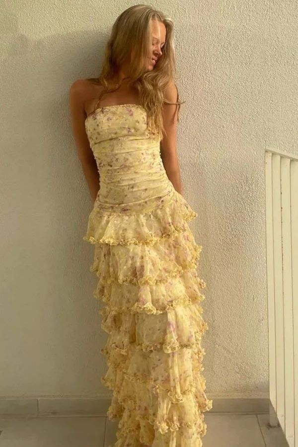 Modest Sheath Strapless Yellow Chiffon Floral Long Prom Dress Party