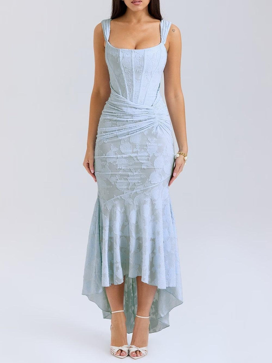 Isabella | Mother of the Bride Dress Corset Jacquard Lace Mermaid Midi Blue