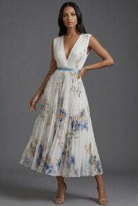 Luna | Mother of the Bride Dress Pleated Floral V-Neck Midi White