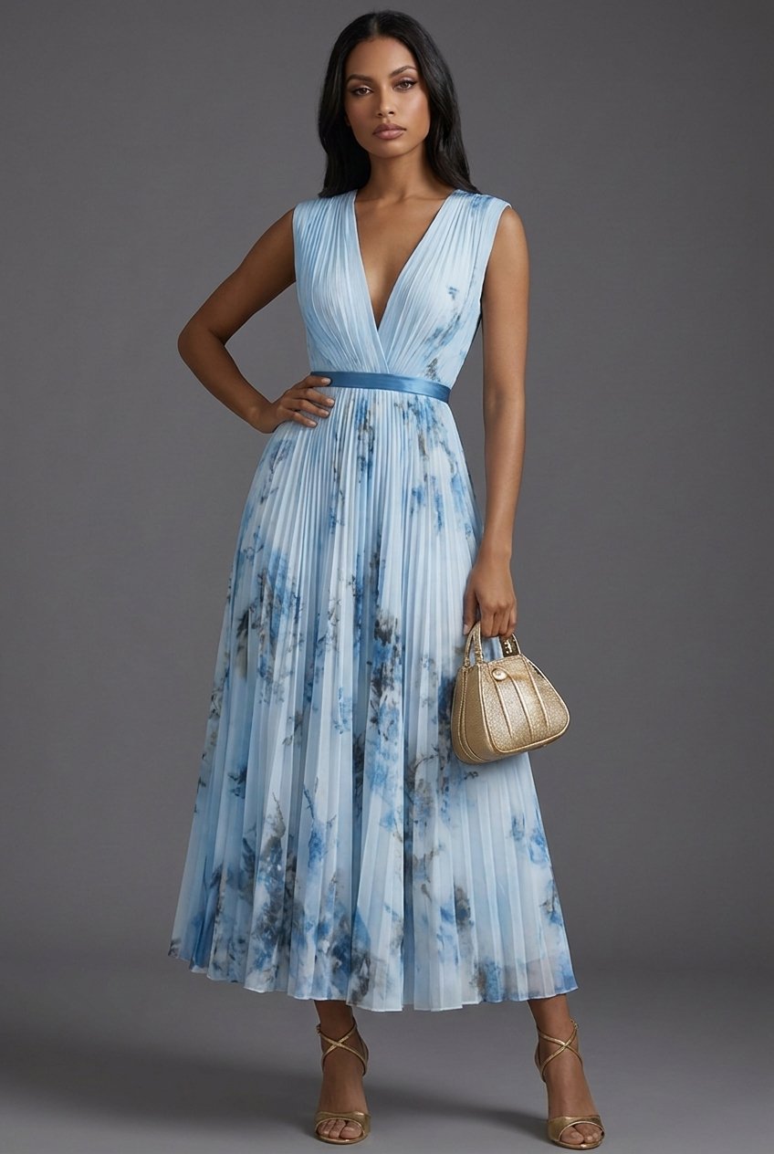 Luna | Mother of the Bride Dress Pleated Floral V-Neck Midi Blue