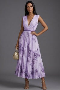 Luna | Mother of the Bride Dress Pleated Floral V-Neck Midi Purple