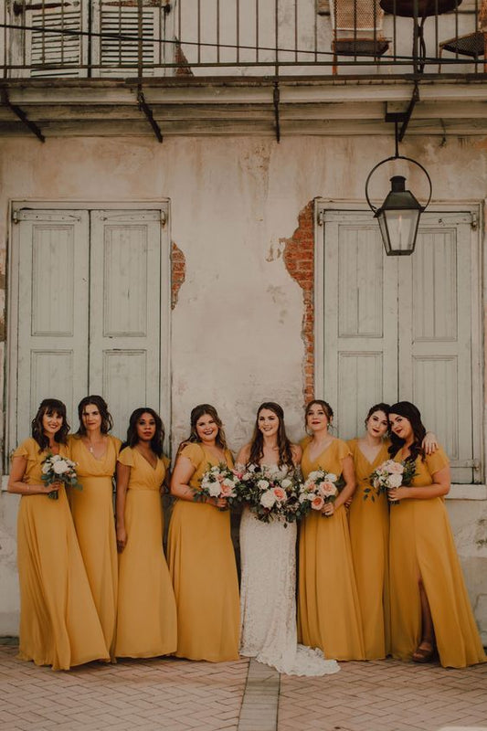 Mustard Yellow Chiffon Long Bridesmaid Dress