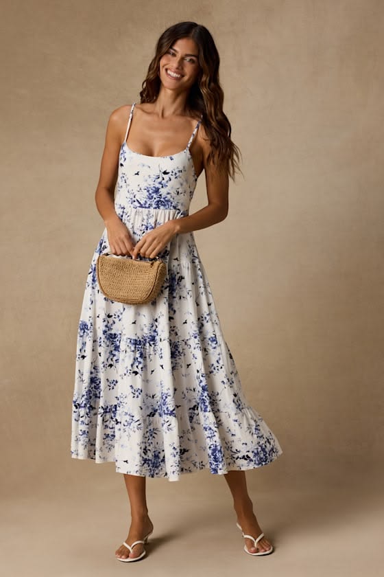 Mykonos Mood Ivory Floral Print Tie Strap Tiered Midi Dress