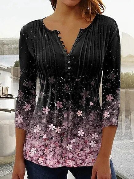 Nadine | Women's Floral Henley 3/4 Sleeve Blouse