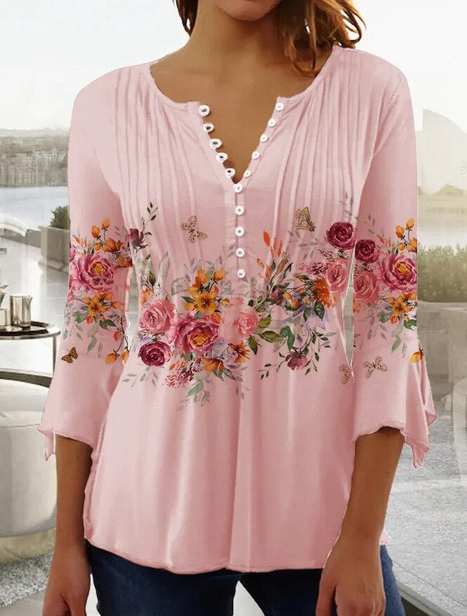 Nadine | Women's Floral Henley 3/4 Sleeve Blouse