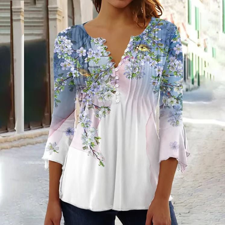 Nadine | Women's Floral Henley 3/4 Sleeve Blouse
