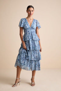 Nalia Blue Abstract Print Tiered Tie Back Midi Dress