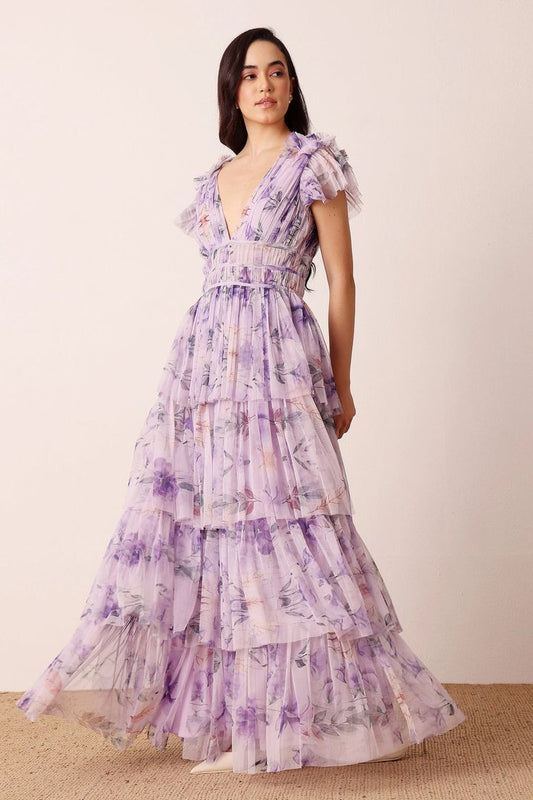 Naomi Lilac Floral Tulle Maxi Dress