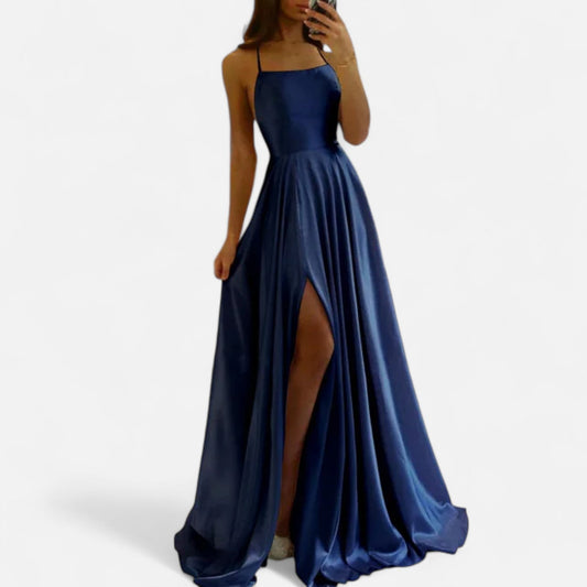 Margaret | Womens Modern Fit Satin Slit Maxi Dress Navy