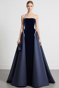 Navy A Line Strapless Velvet Long Formal Dress With Cape