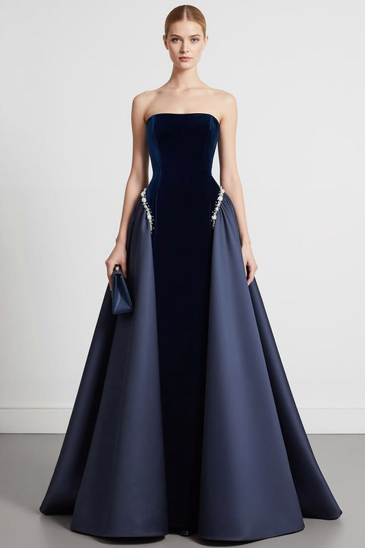 Navy A Line Strapless Velvet Long Formal Dress With Cape