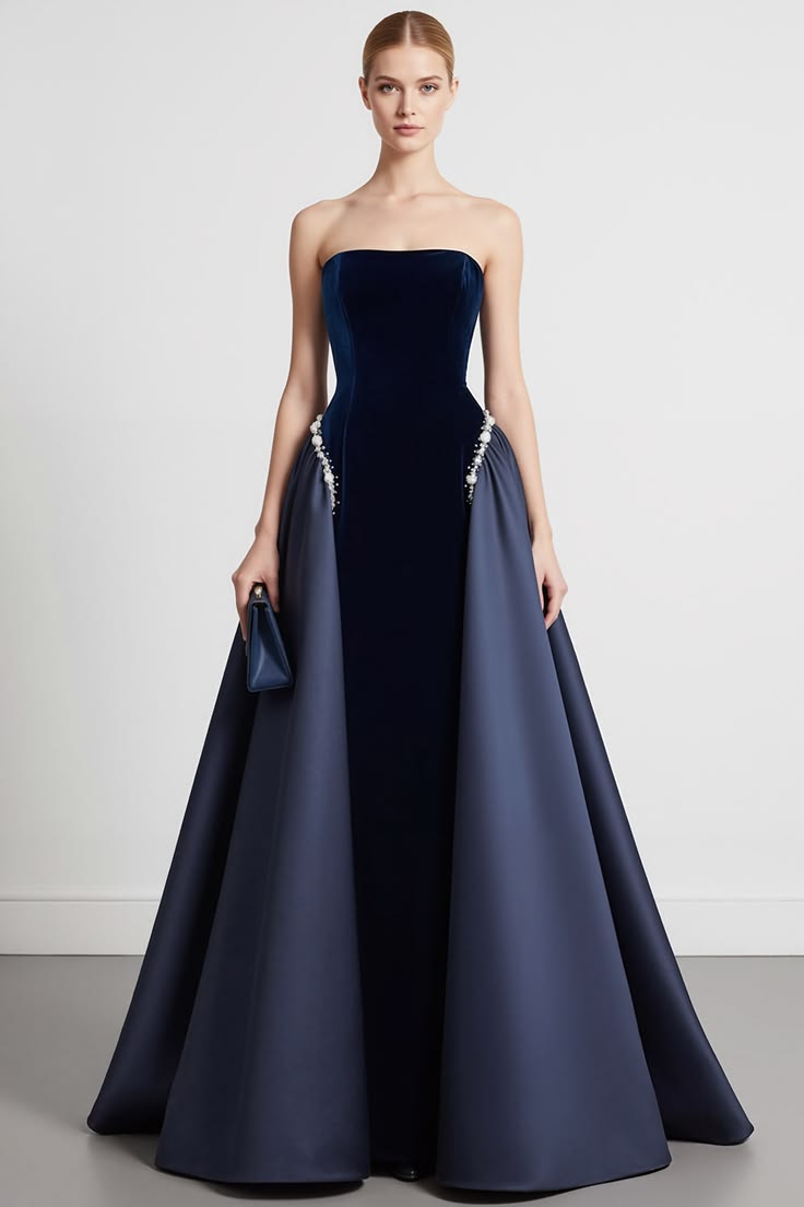 Navy A Line Strapless Velvet Long Formal Dress With Cape