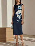 Navy Blue Single Sided Satin Print Dress Navy Blue