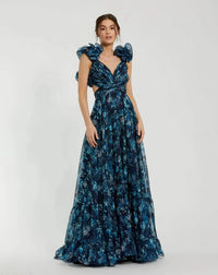 Navy Tiered Floral Cut Out Chiffon Gown