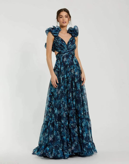 Navy Tiered Floral Cut Out Chiffon Gown