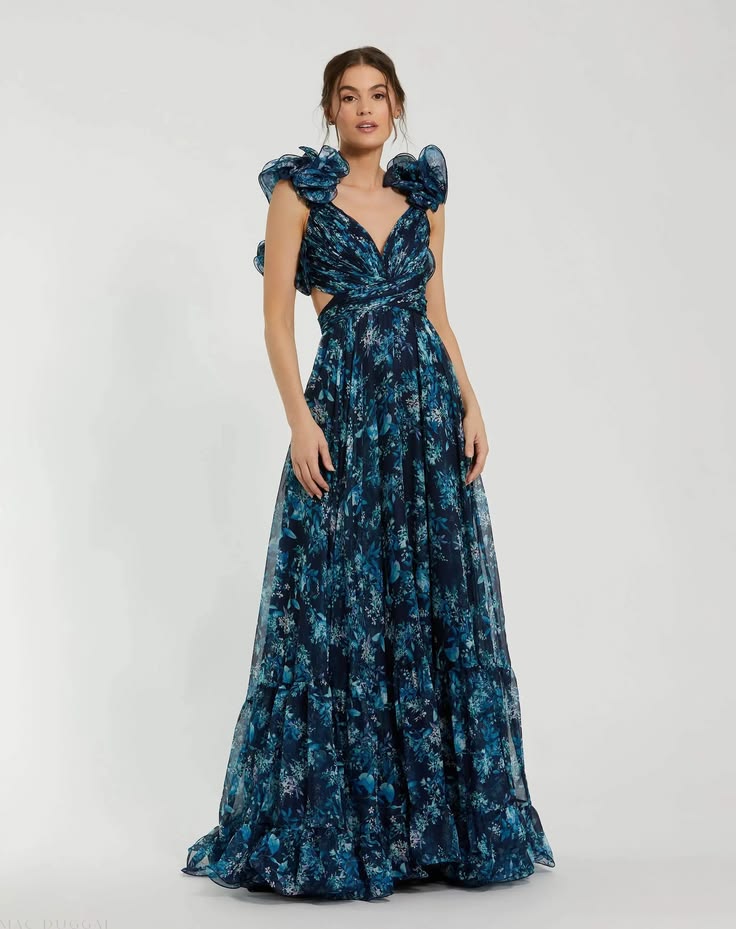 Navy Tiered Floral Cut Out Chiffon Gown