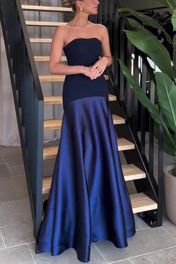 Navy Timeless Elegance Satin Patchwork Strapless Flare Gown Maxi Dress