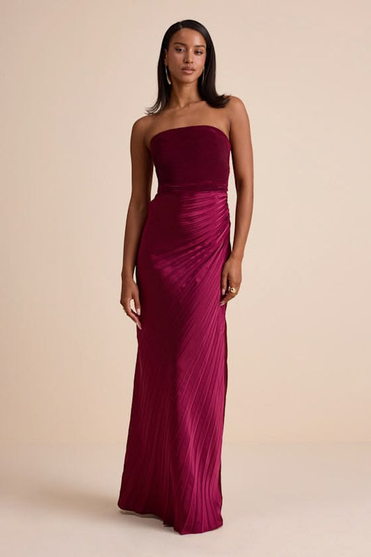 Nyrah Berry Red Satin Pleated Strapless Maxi Dress