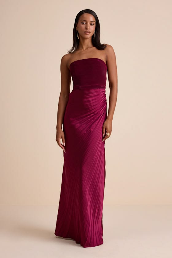 Nyrah Berry Red Satin Pleated Strapless Maxi Dress