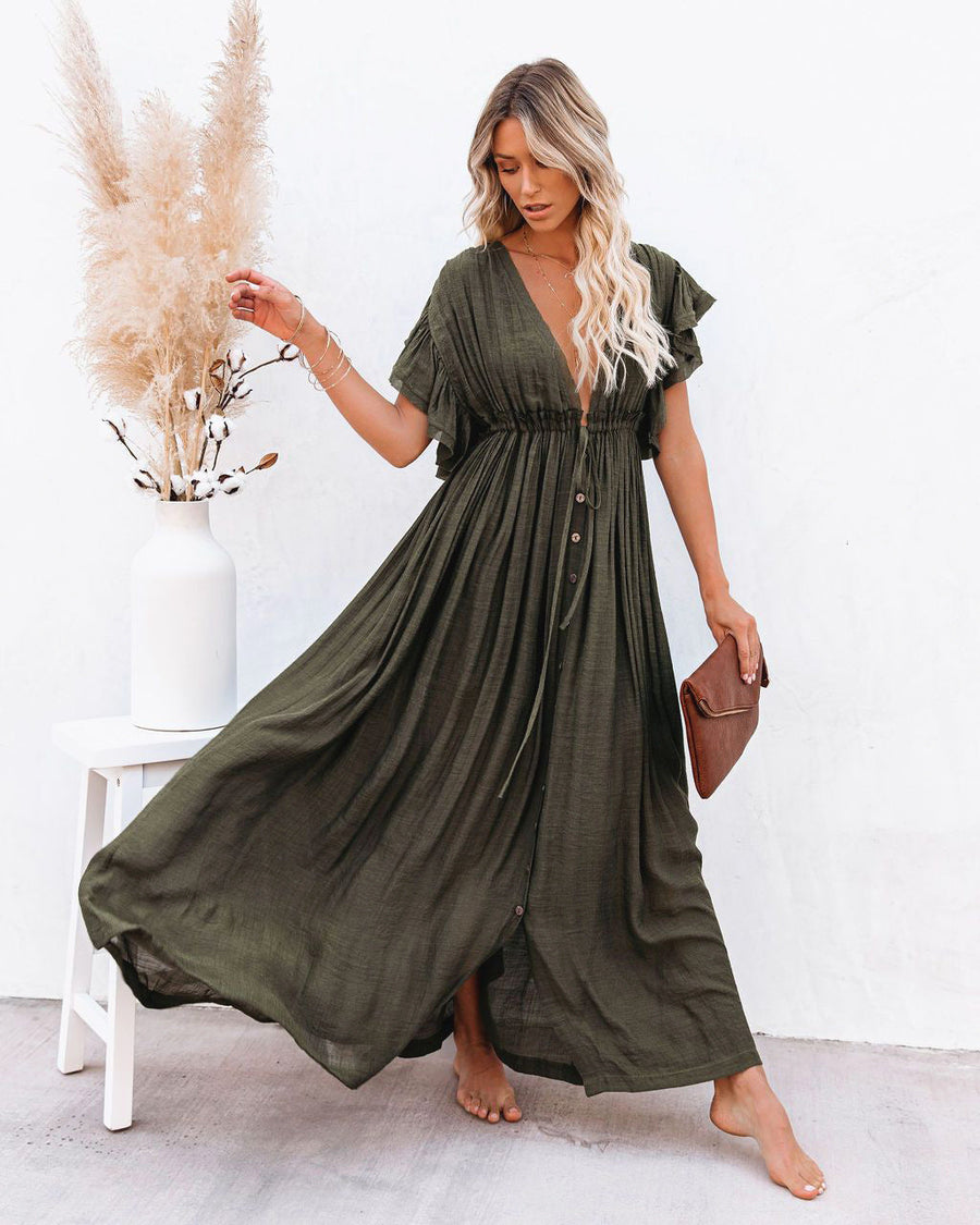 Octavia | Women's V-Neck Button Front Maxi Dress